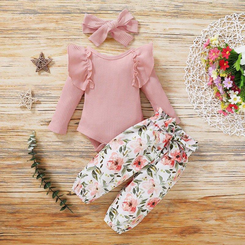 Odeerbi Baby Girls Clothes Infant Ruffle Long Sleeve Floral Print Bodysuit 3PCS Baby Layette Set