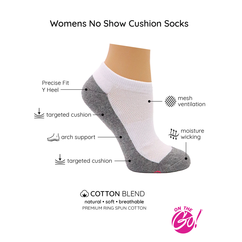 On The Go Women's Cushion Low Cut Socks (6 Pair Pack White/Black With Grey Sole Combo)