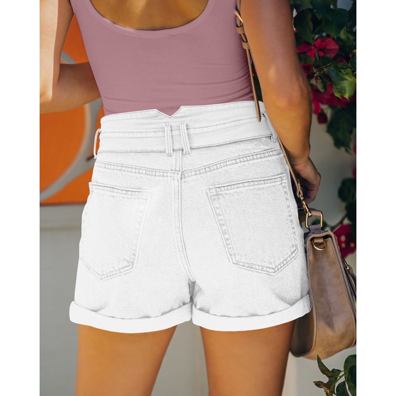 ONLYSHE Stretchy Hot Pants Distressed Denim Shorts Frayed Hem With Pockets Blue M