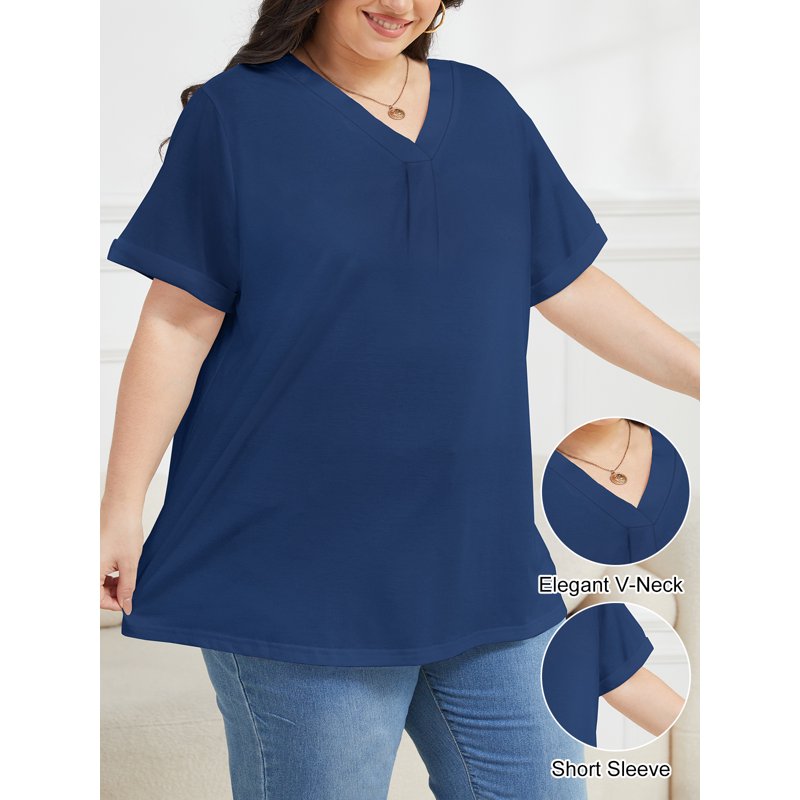 Oryer Womens Plus Size Tops Short Sleeve Shirts Tunic Summer Tops V Neck Casual Blouses