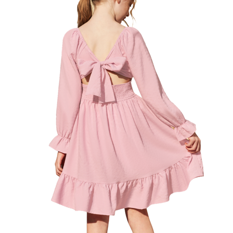 Oudiya Girls Tie Back Long Sleeve Dress Ruffle Hem Off Shoulder Elegant Casul Fall Dress 6-14 Years
