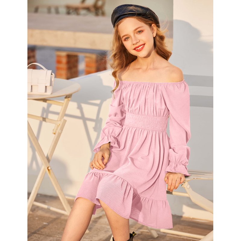 Oudiya Girls Tie Back Long Sleeve Dress Ruffle Hem Off Shoulder Elegant Casul Fall Dress 6-14 Years