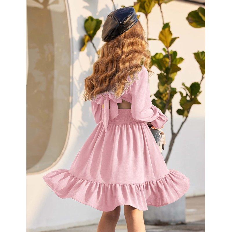 Oudiya Girls Tie Back Long Sleeve Dress Ruffle Hem Off Shoulder Elegant Casul Fall Dress 6-14 Years