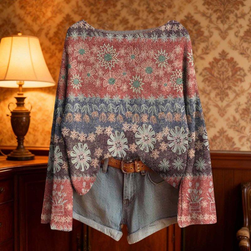 Ounisa Boho Long Sleeve Tops For Women Fall Vintage Knit Tops Hippie Cozy Oversized Sweaters Crew Neck Baggy Striped