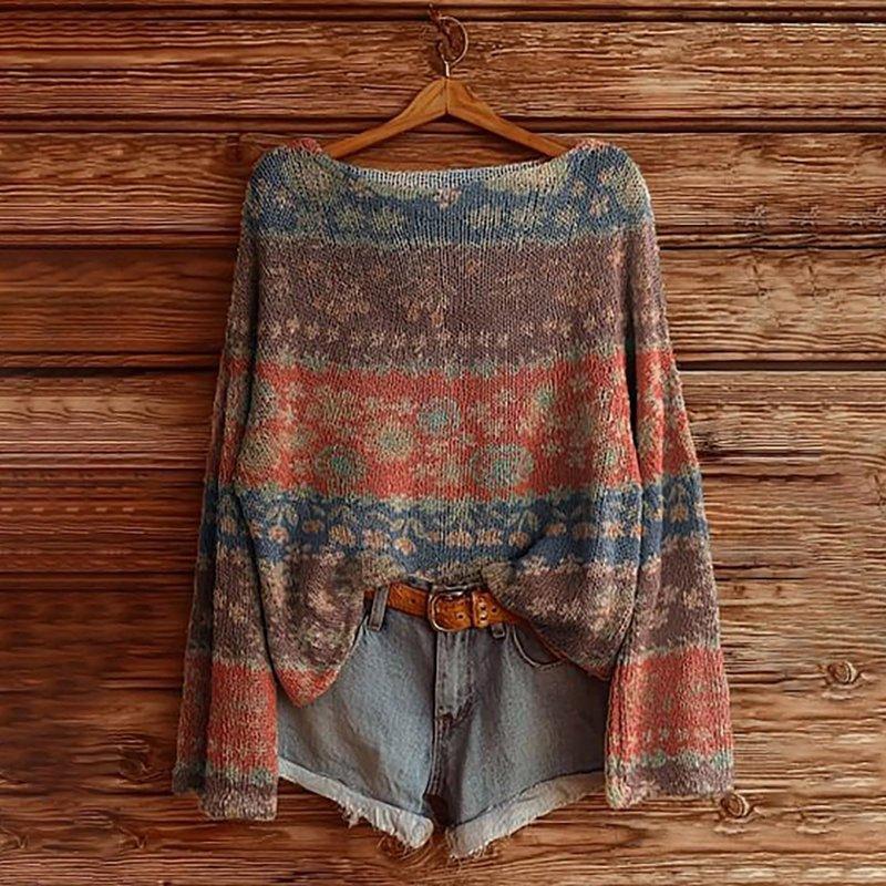 Ounisa Boho Long Sleeve Tops for Women Fall Vintage Knit Tops Hippie Cozy Oversized Sweaters Crew Neck Baggy Striped