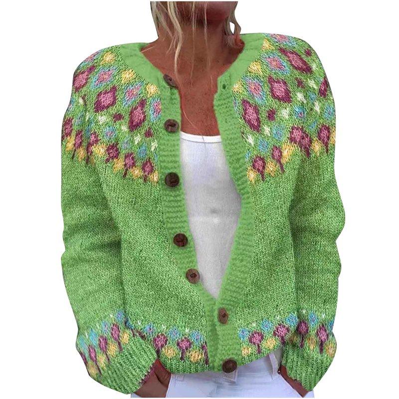 Ounisa Womens Fair Isle Sweater Button Up Long Sleeve Cardigans Crew Neck Open Front Knit Vintage Sweater Coats