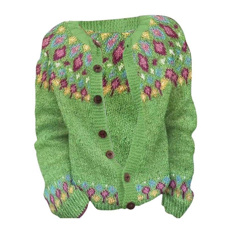 Ounisa Womens Fair Isle Sweater Button Up Long Sleeve Cardigans Crew Neck Open Front Knit Vintage Sweater Coats