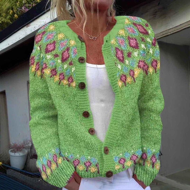 Ounisa Womens Fair Isle Sweater Button Up Long Sleeve Cardigans Crew Neck Open Front Knit Vintage Sweater Coats