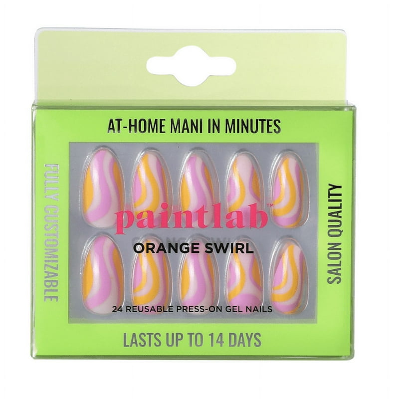 PaintLab Reusable Gel Press On Nails Kit Almond Shape Orange And Pink Swirl 24 Count