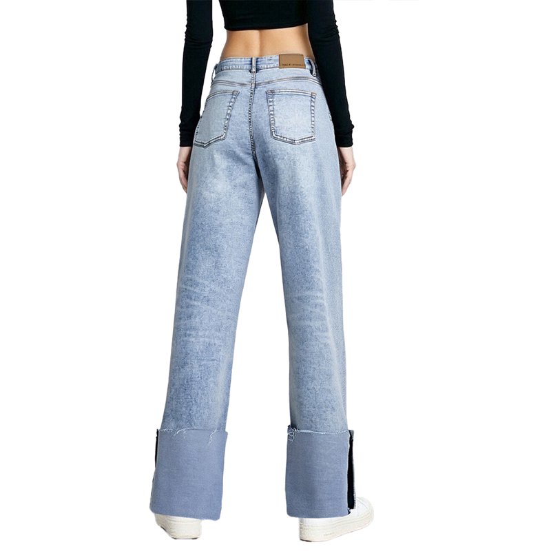 PAOLA RIBONI Soft Stretch Denim Cuffed Straight Leg Pants In Light Blue Relaxed Fit Casual Jeans For Women Ideal For Hot Weather Wear