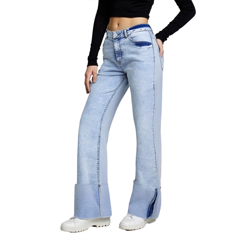 PAOLA RIBONI Soft Stretch Denim Cuffed Straight Leg Pants In Light Blue Relaxed Fit Casual Jeans For Women Ideal For Hot Weather Wear