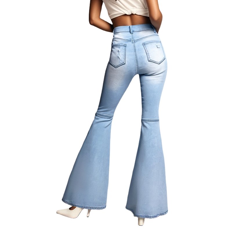PAOLA RIBONI Women's Solid Faded Ripped Flare Leg Denim Pants In Classic Blue Comfortable Casual Button Bell Bottom Jeans For Summer And Daily Activities