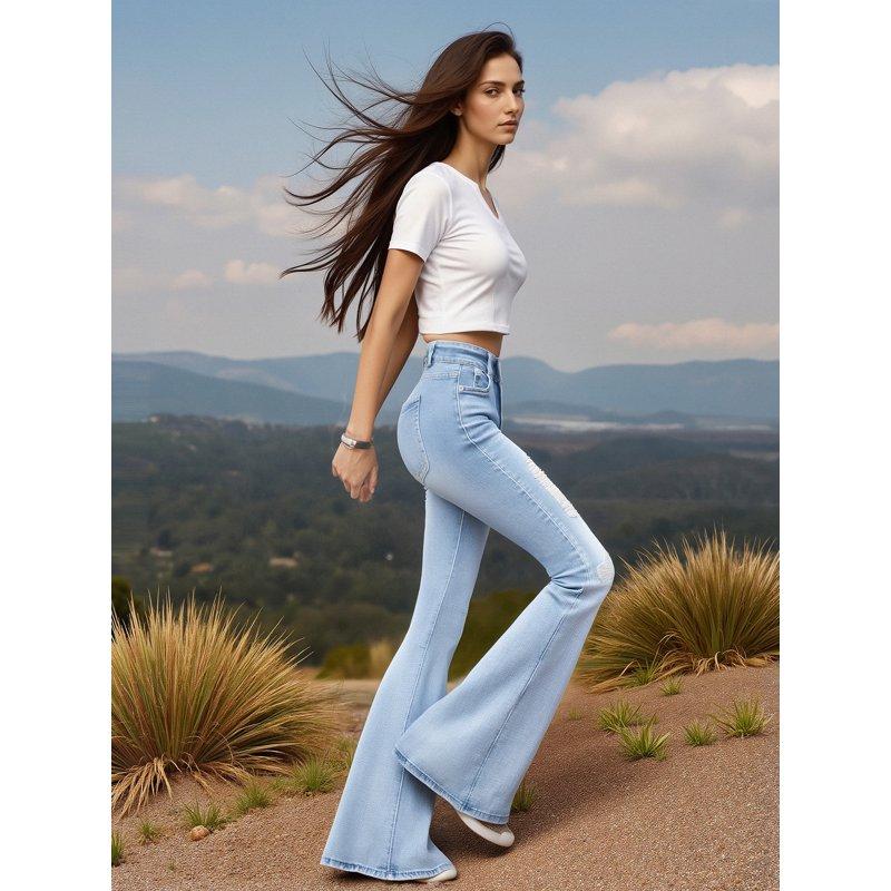 PAOLA RIBONI Women's Solid Faded Ripped Flare Leg Denim Pants In Classic Blue Comfortable Casual Button Bell Bottom Jeans For Summer And Daily Activities