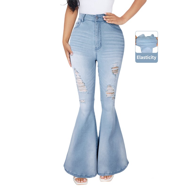 PAOLA RIBONI Women's Solid Faded Ripped Flare Leg Denim Pants in Classic Blue Comfortable Casual Button Bell Bottom Jeans for Summer and Daily Activities