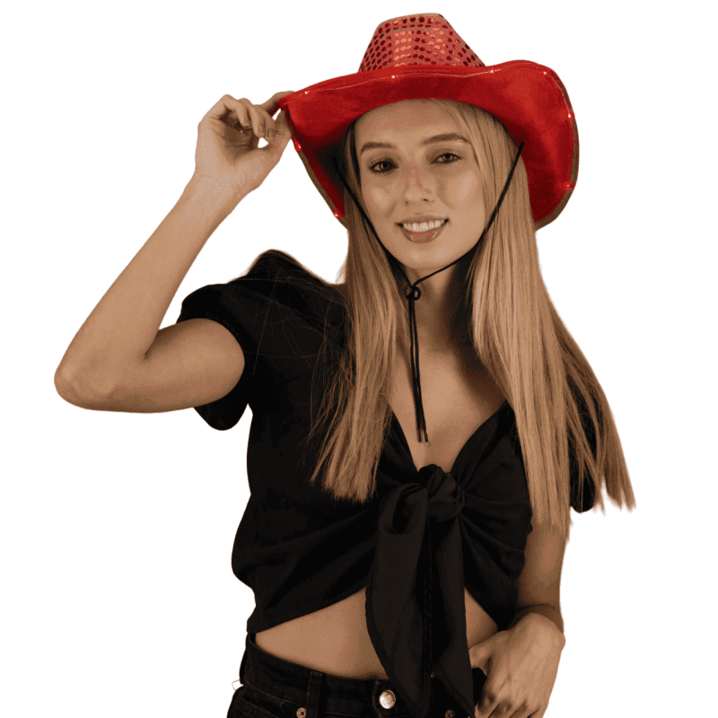 PartyGlowz Light Up LED Flashing Red Cowboy/Cowgirl Hat With Sequins – Sparkly Glitter Western Hat For Men Women & Kids
