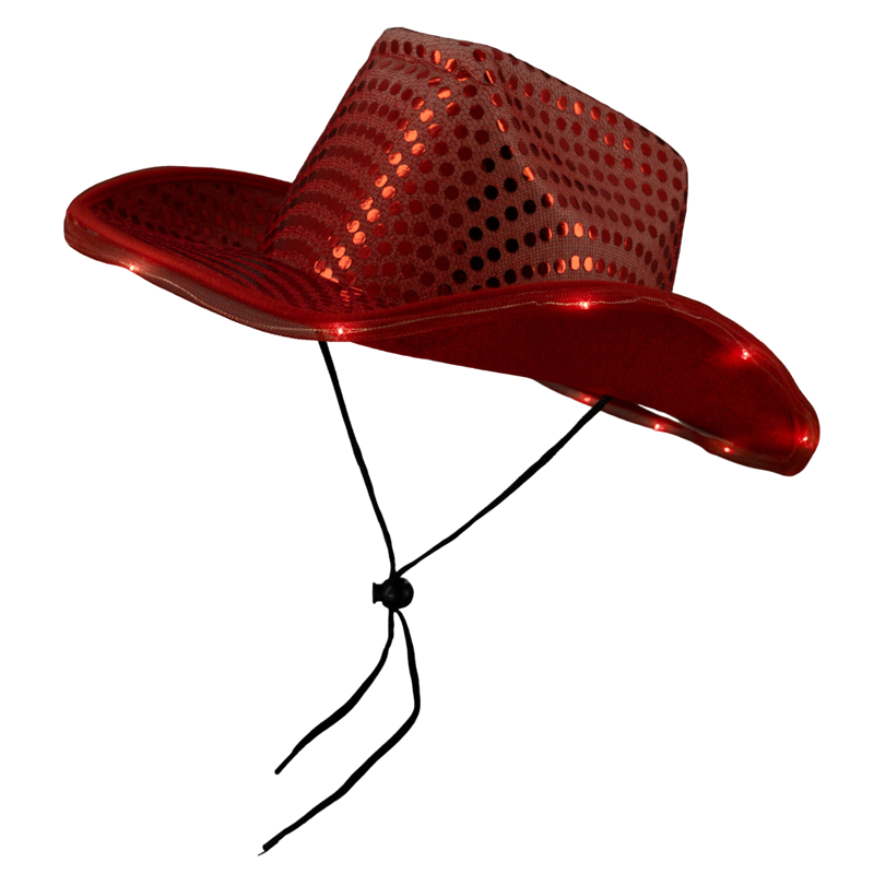 PartyGlowz Light Up LED Flashing Red Cowboy/Cowgirl Hat With Sequins – Sparkly Glitter Western Hat For Men Women & Kids