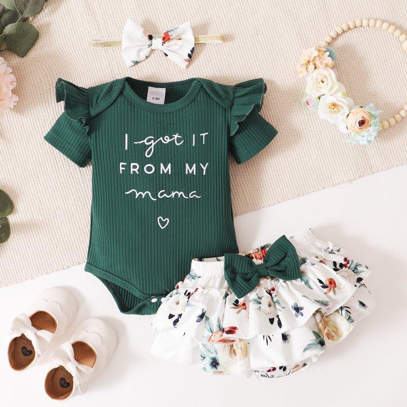 PatPat 3pcs Baby Girl 95% Cotton Short-Sleeve Letter Print Romper & Floral Print Layered Ruffled Shorts & Headband Set 0-18 Month