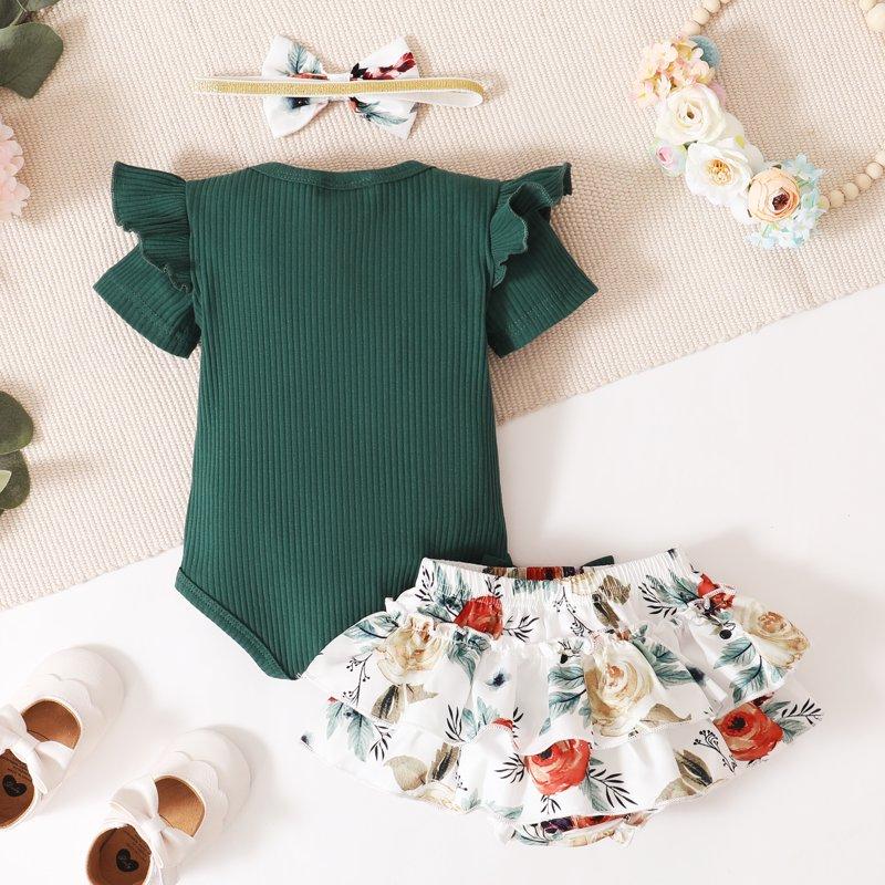 PatPat 3pcs Baby Girl 95% Cotton Short-Sleeve Letter Print Romper & Floral Print Layered Ruffled Shorts & Headband Set 0-18 Month