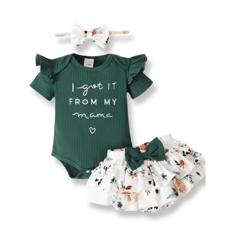 PatPat 3pcs Baby Girl 95% Cotton Short-Sleeve Letter Print Romper & Floral Print Layered Ruffled Shorts & Headband Set 0-18 Month