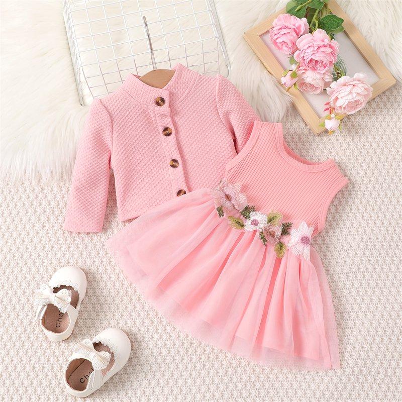 PatPat Baby Girl Dresses Long Sleeve Jacket And Floral Decor Mesh Panel Tank Dress Set 3-6 Months