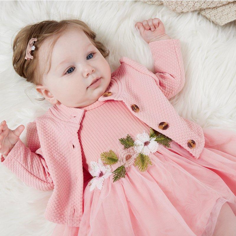 PatPat Baby Girl Dresses Long Sleeve Jacket And Floral Decor Mesh Panel Tank Dress Set 3-6 Months