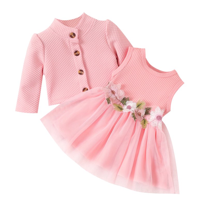 PatPat Baby Girl Dresses Long Sleeve Jacket and Floral Decor Mesh Panel Tank Dress Set 3-6 Months