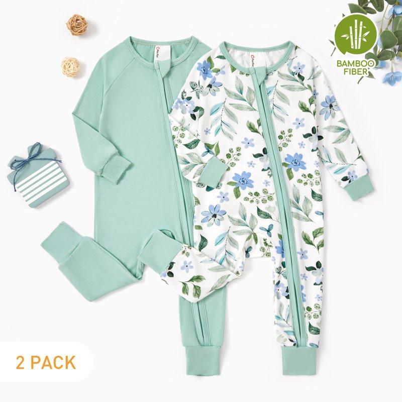 PatPat Baby Pajamas Viscose From Bamboo Footless Zip Bodysuits Baby Sleep N Play Pajamas For Boys And Girls 2Pack 0-24 Months