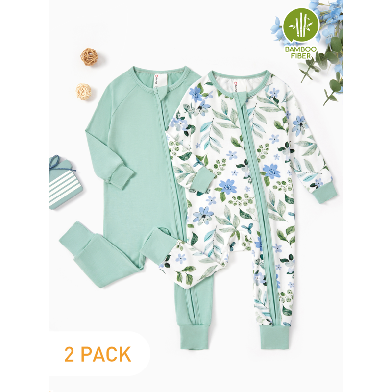 PatPat Baby Pajamas Viscose from Bamboo Footless Zip Bodysuits Baby Sleep N Play Pajamas for Boys and Girls 2Pack 0-24 Months