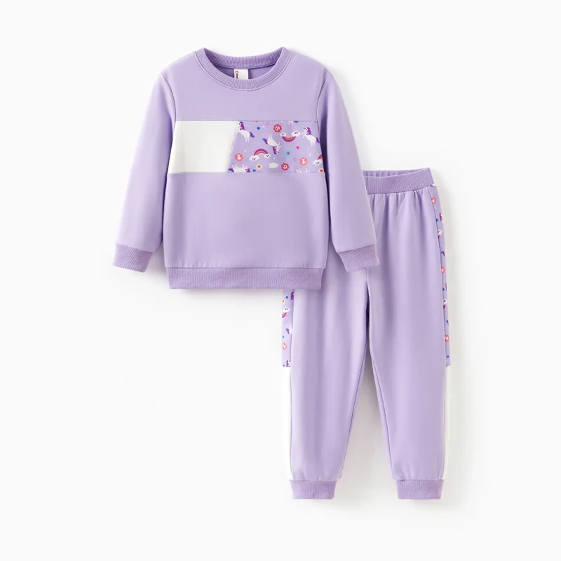 PatPat Girls Clothes Toddler Sweatshirts 2 Piece Top & Pants Kids Long Sleeve Fall Pullover And Joggers School Outfits Sets Purple 4-5 Years
