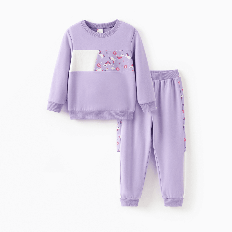 PatPat Girls Clothes Toddler Sweatshirts 2 Piece Top & Pants Kids Long Sleeve Fall Pullover and Joggers School Outfits Sets Purple 4-5 Years