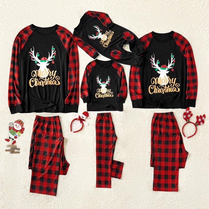 PatPat Merry Christmas Pajamas Letter Antler Print Plaid Splice Family Matching Pajamas Sets For Baby Red Plaid 12-18 Months