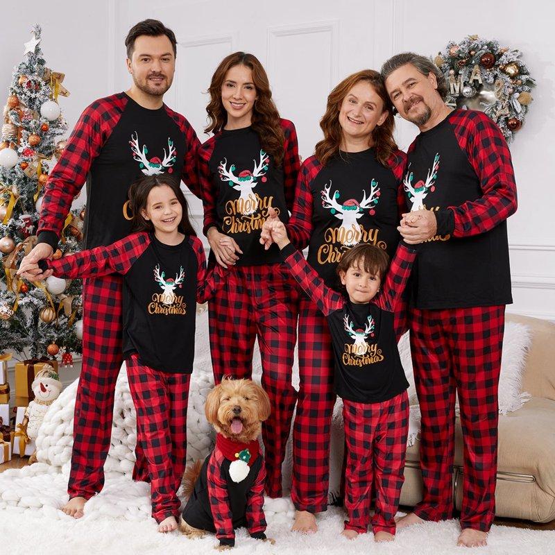 PatPat Merry Christmas Pajamas Letter Antler Print Plaid Splice Family Matching Pajamas Sets for Baby Red Plaid 12-18 Months