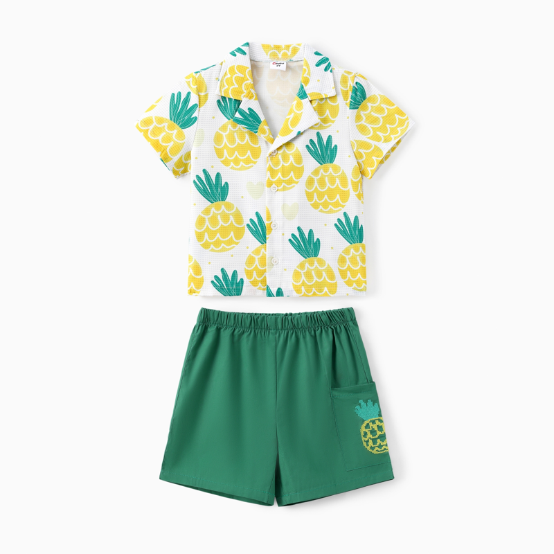 PatPat Toddler Boy Clothes 2pcs Pineapple Print T-Shirt and Shorts Outfit Sets Green 5-6 Years