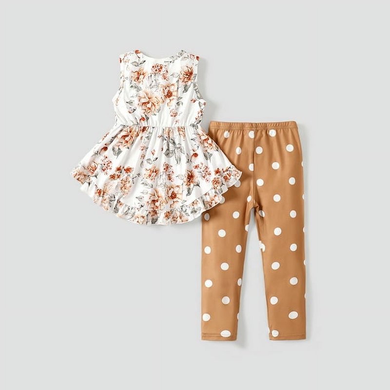PatPat Toddler Girls Clothes Baby Girls Outfits 2 Piece Floral Bowknot Ruffled Sleeveless Tee And Dots Pants Set White 18-24M