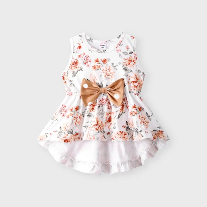 PatPat Toddler Girls Clothes Baby Girls Outfits 2 Piece Floral Bowknot Ruffled Sleeveless Tee And Dots Pants Set White 18-24M