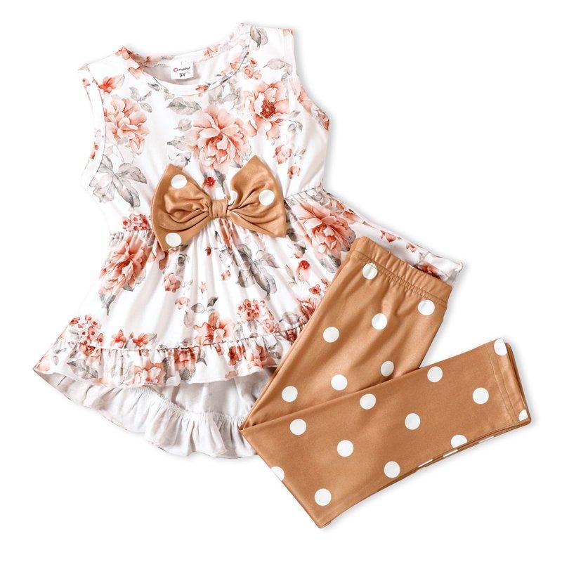 PatPat Toddler Girls Clothes Baby Girls Outfits 2 Piece Floral Bowknot Ruffled Sleeveless Tee and Dots Pants Set White 18-24M