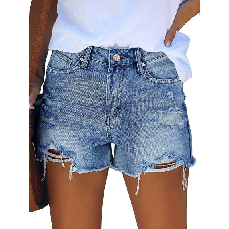 Pink Queen Women Summer Denim Shorts Mid Rise Ripped Faryed Hem Distressed Strectch Short Jeans S-2XL