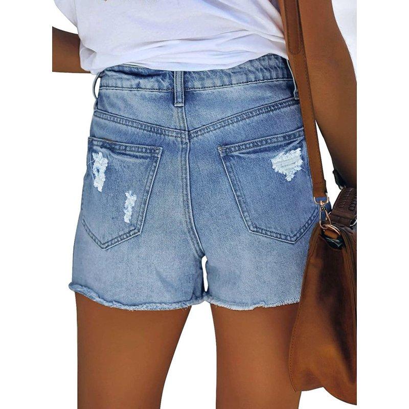 Pink Queen Women Summer Denim Shorts Mid Rise Ripped Faryed Hem Distressed Strectch Short Jeans S-2XL