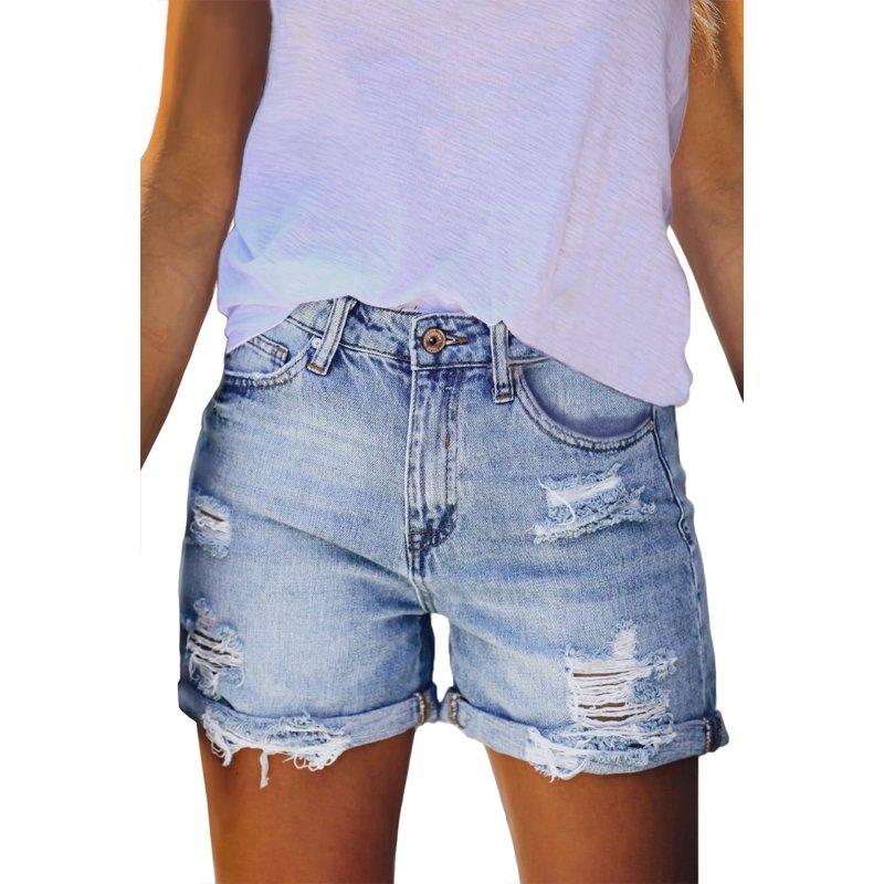 Pink Queen Women Summer Denim Shorts Mid Rise Ripped Faryed Hem Distressed Strectch Short Jeans S-2XL