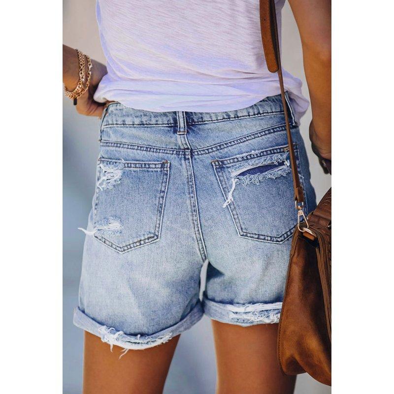 Pink Queen Women Summer Denim Shorts Mid Rise Ripped Faryed Hem Distressed Strectch Short Jeans S-2XL