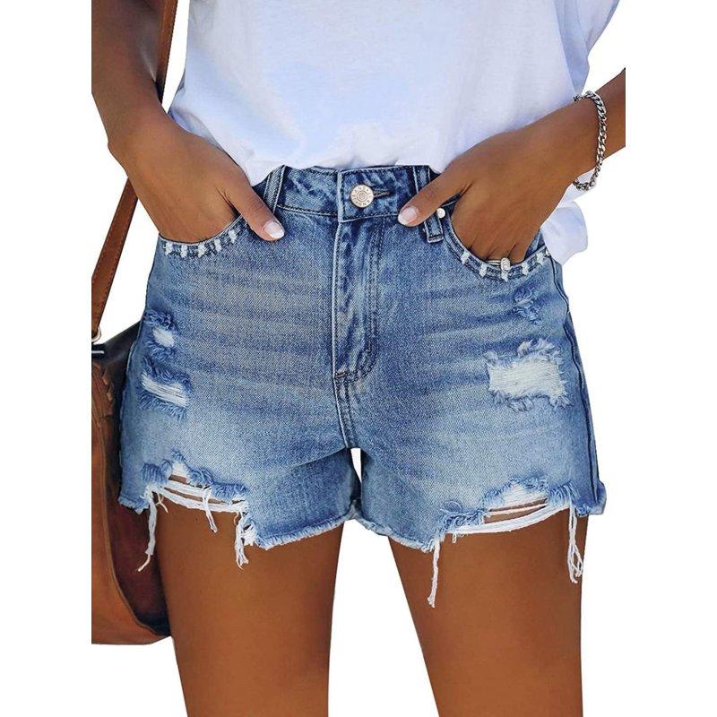 Pink Queen Women Summer Denim Shorts Mid Rise Ripped Faryed Hem Distressed Strectch Short Jeans S-2XL