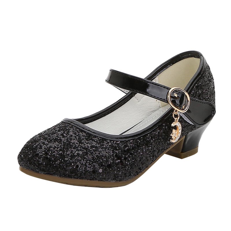 Piuwrlz Kids Glitter Crystal Shoes Girls Closed Toe Shoe Low Heel New Dance Dress Flats Black Size 6 Years