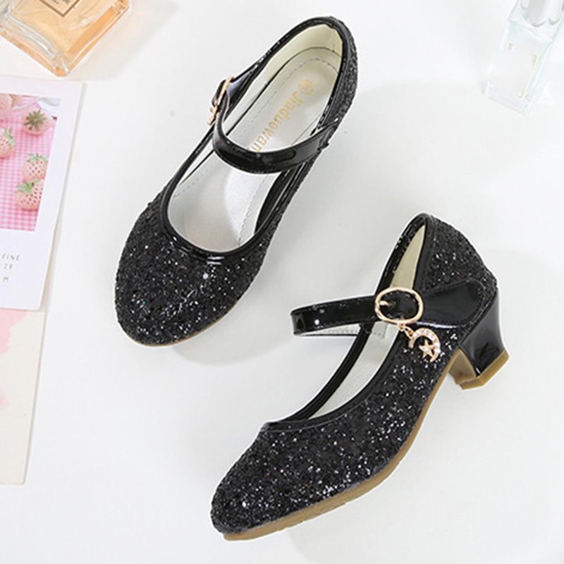 Piuwrlz Kids Glitter Crystal Shoes Girls Closed Toe Shoe Low Heel New Dance Dress Flats Black Size 6 Years