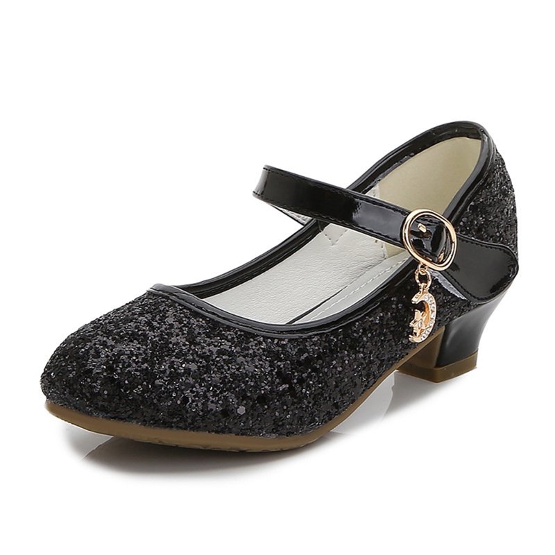 Piuwrlz Kids Glitter Crystal Shoes Girls Closed Toe Shoe Low Heel New Dance Dress Flats Black Size 6 Years