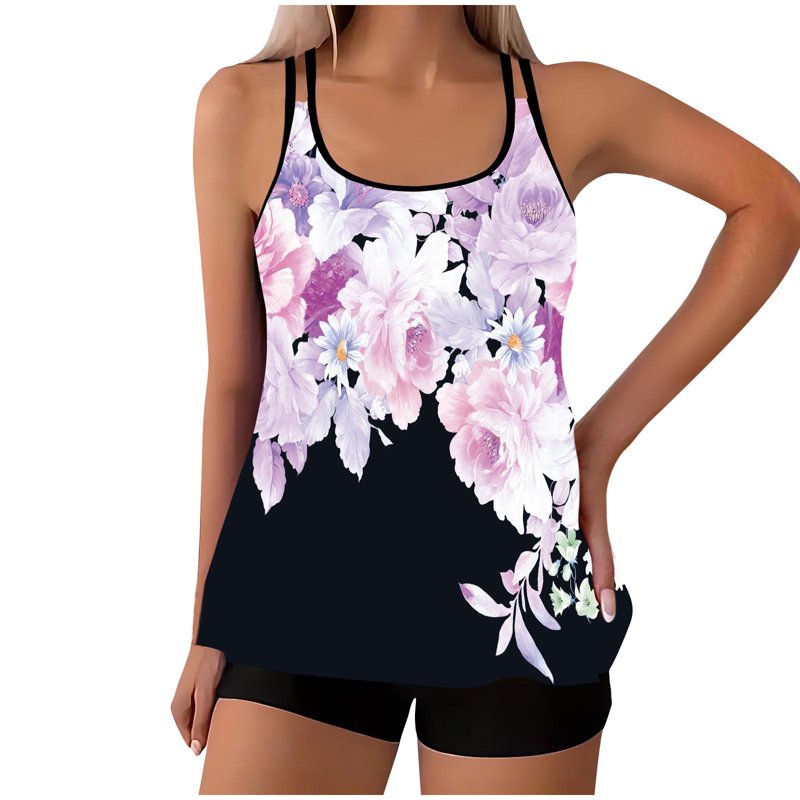 Plus Size Swimsuit For Women S-5XL Two Piece Tankini Bathing Suits Trendy Floral Print Sleeveless Swimwear With Boyshorts