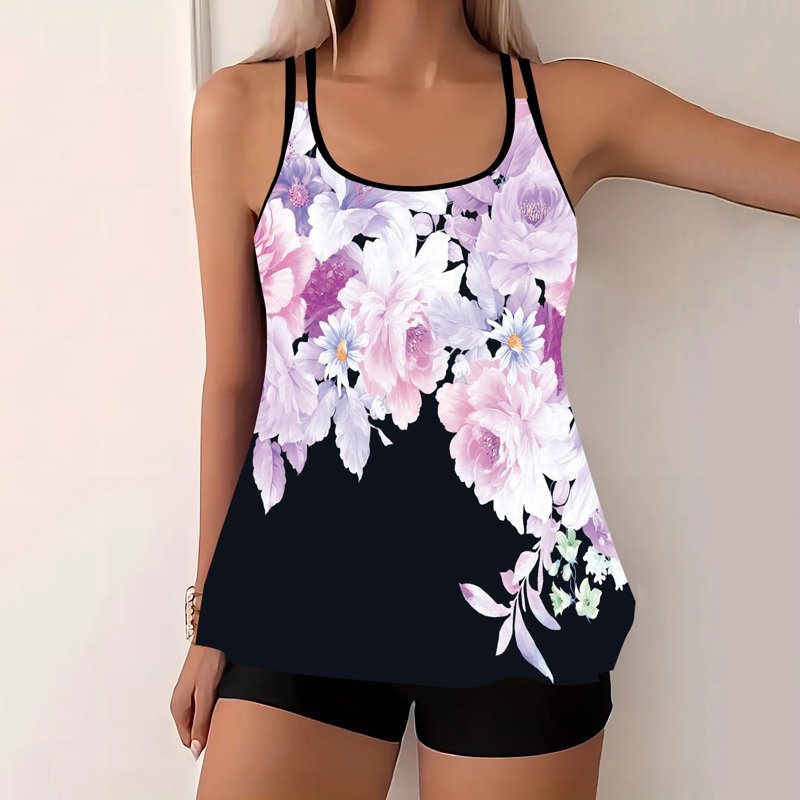 Plus Size Swimsuit for Women S-5XL Two Piece Tankini Bathing Suits Trendy Floral Print Sleeveless Swimwear with Boyshorts