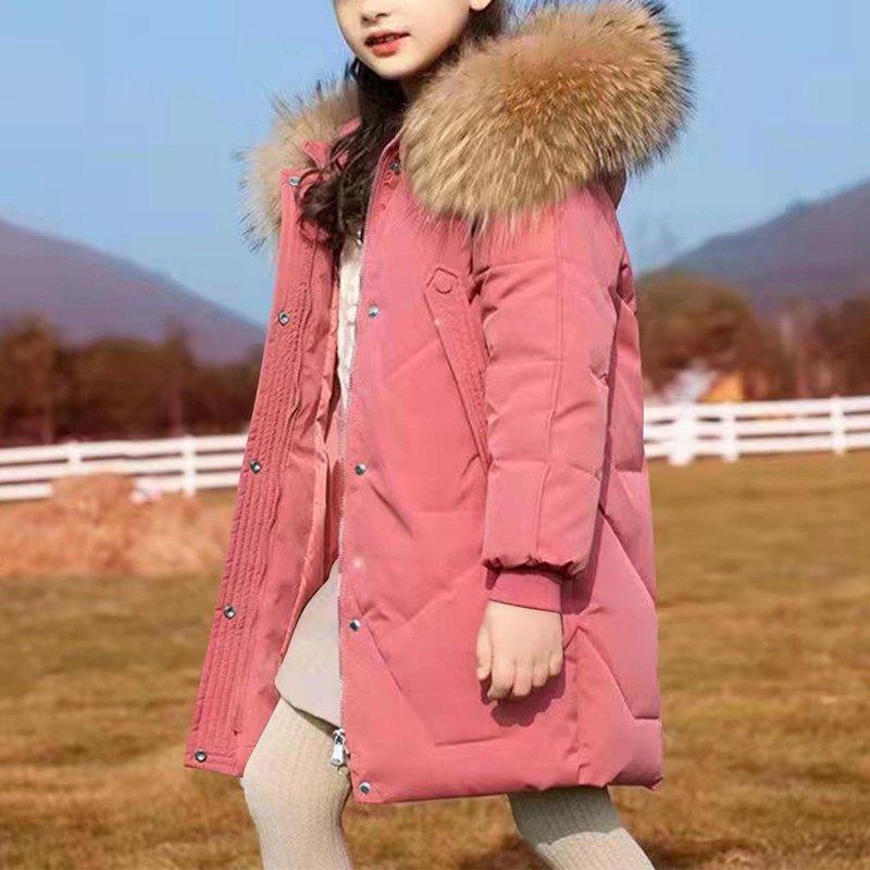 Posijego Girls Puffer Coat Mid-Length Down Jacket Plush Hooded Snow Warm Winter Outerwear Coat With Pockets