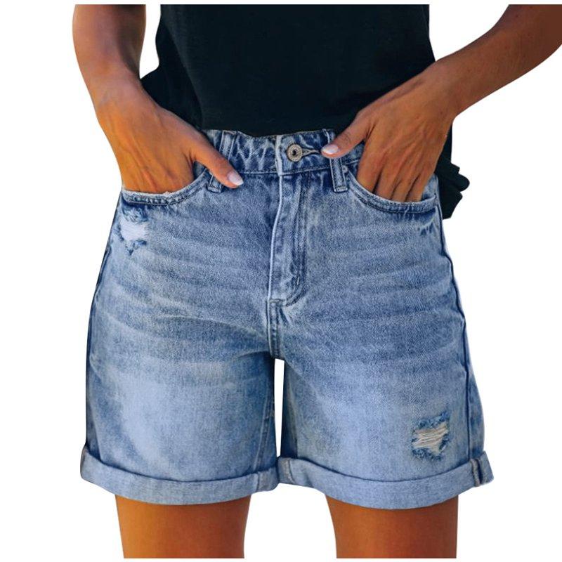 POTETI Jean Shorts For Women High Waisted Denim Shorts For Women Blue With Pockets Flat Front Distressed Ripped Solid Casual Shorts