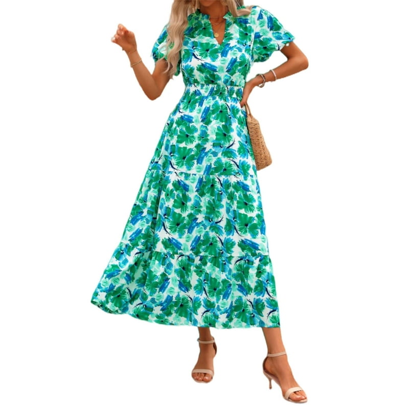 PRETTYGARDEN Summer Maxi Dress For Women Casual Wear To Work V Neck Puff Short Sleeve Smocked Ruffle Flowy Beach Boho Long Floral Dress