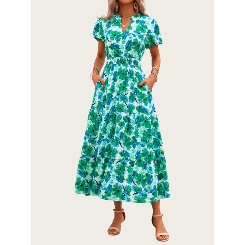 PRETTYGARDEN Summer Maxi Dress For Women Casual Wear To Work V Neck Puff Short Sleeve Smocked Ruffle Flowy Beach Boho Long Floral Dress